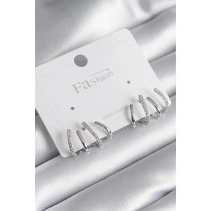 Pirinç Gümüş Renk Zirkon Taşlı Çatal Model Kadın Küpe