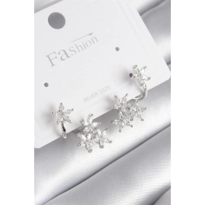 Pirinç Gümüş Renk Zirkon Taşlı Çiçek Tasarım Kadın Küpe