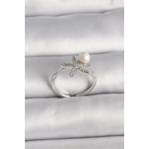 Pirinç Gümüş Renk Zirkon Taşlı Deniz Yıldızı Model İnci Detay Ayarlanabilir Yüzük