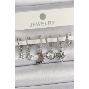 Pirinç Gümüş Renk Zirkon Taşlı Gezgen Model Kadın Küpe Seti