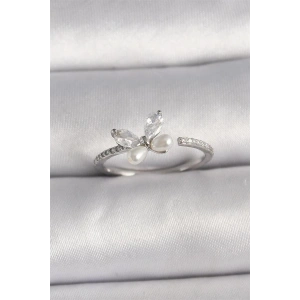 Pirinç Gümüş Renk Zirkon Taşlı Kelebek Model İnci Detaylı Ayarlanabilir Yüzük