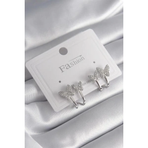 Pirinç Gümüş Renk Zirkon Taşlı Kelebek Model Kadın Küpe