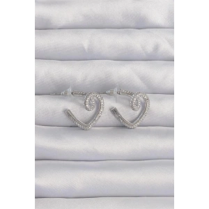 Pirinç Gümüş Renk Zirkon Taşlı Kıvrımlı Yarım Kalp Küpe
