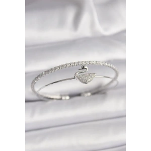Pirinç Gümüş Renk Zirkon Taşlı Kuğu Model Kadın Bileklik