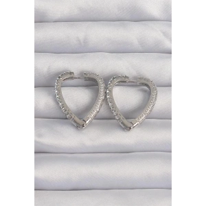 Pirinç Gümüş Renk Zirkon Taşlı Motifli Kalp Küpe
