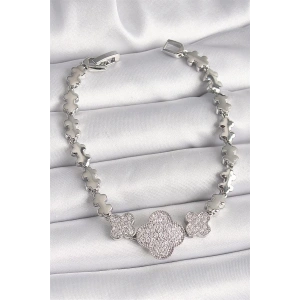 Pirinç Gümüş Renk Zirkon Taşlı Yonca Model Zincir Model Kadın Bileklik