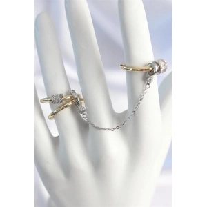 Pirinç Mix Renk Zirkon Taşlı Zincir Kadın Yüzük Seti