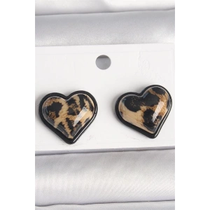 Pirinç Siyah Renk Leopar Desen 3D Kalp Model Kadın Küpe