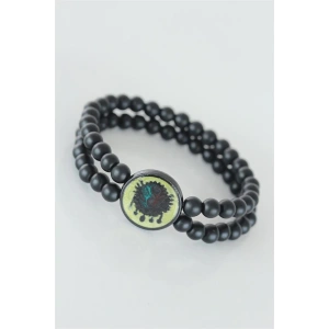 Sarı Renkli Metal Üzerine Osmanlı Arma Figürlü Siyah Renk Çift Sıra Doğal Taş Erkek Bileklik