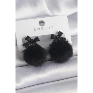 Siyah Renk Kurdele Ponpon Model Kadın Küpe