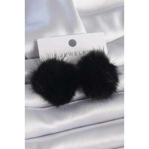 Siyah Renk Tüylü Ponpon Model Kadın Küpe