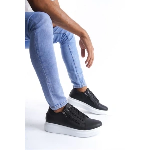 SLW155 Warrior Bağcıklı ve Fermuarlı Cilt Erkek Günlük Sneaker Ayakkabı CBT - Siyah