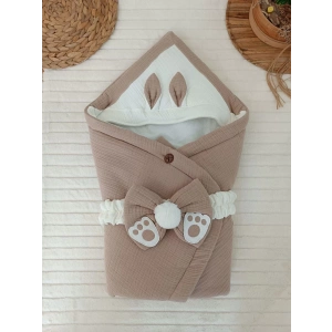 Yenidoğan 4 Kat Müslin Kumaş Kulaklı Patili Fiyonk Bebek Battaniyesi Kundak Yeşil