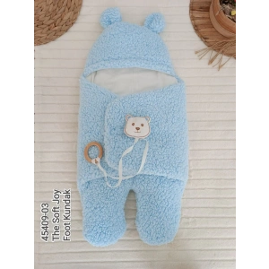 Yenidoğan Kulaklı Şapkalı Açılır Kucaklı Cırt Kapamalı Ayaklı Bebek Battaniyesi Kundak Mavi