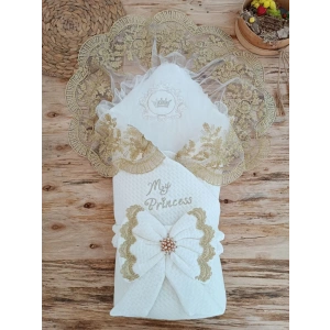 Yenidoğan Pamuk Taç Benim Prensesim Nakışlı Trilüks Kundak Bebek Battaniyesi Ekru