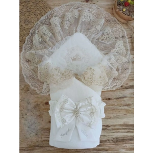 Yenidoğan Sahra Taç Nakışlı Plazma Taşlı Güpürlü Fiyonklu Duvaklı Trilüks Kundak Bebek Battaniyesi Ekru