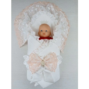 Yenidoğan Sahra Taç Nakışlı Trilüks Kundak Bebek Battaniyesi Ekru