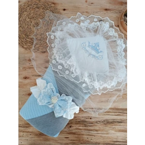 Yenidoğan Teri Cotton Taç Nakışlı Prizma Taş Kundak Bebek Battaniyesi Mavi