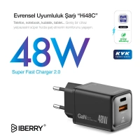 İberry 48W Gan Çift Çıkışlı Şarj Başlığı Hi48 Mini Siyah