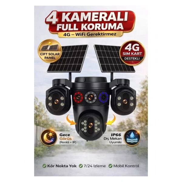 Esvision 3+3+3+3 12MP Dört Kameralı Çift Panelli Sim Kartlı 4G Kamera ES-7020(Turkcell Sim Kartlı)