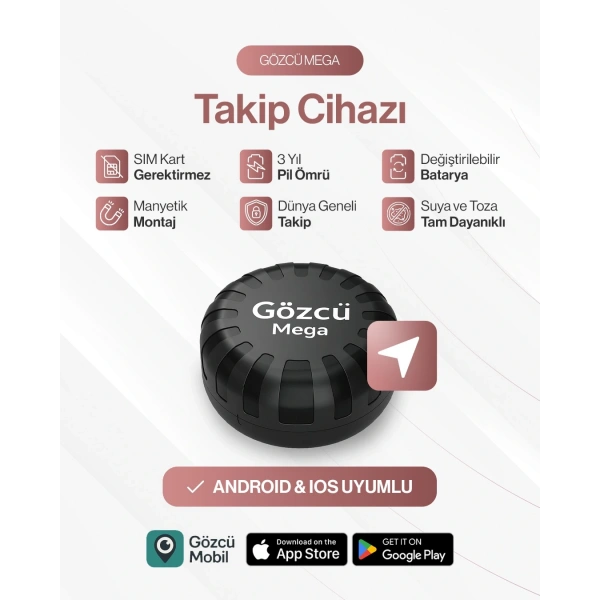 Gözcü Mobil Mega 3 Yıl Pil Ömrü Su Geçirmez Mıknatıslı GPS