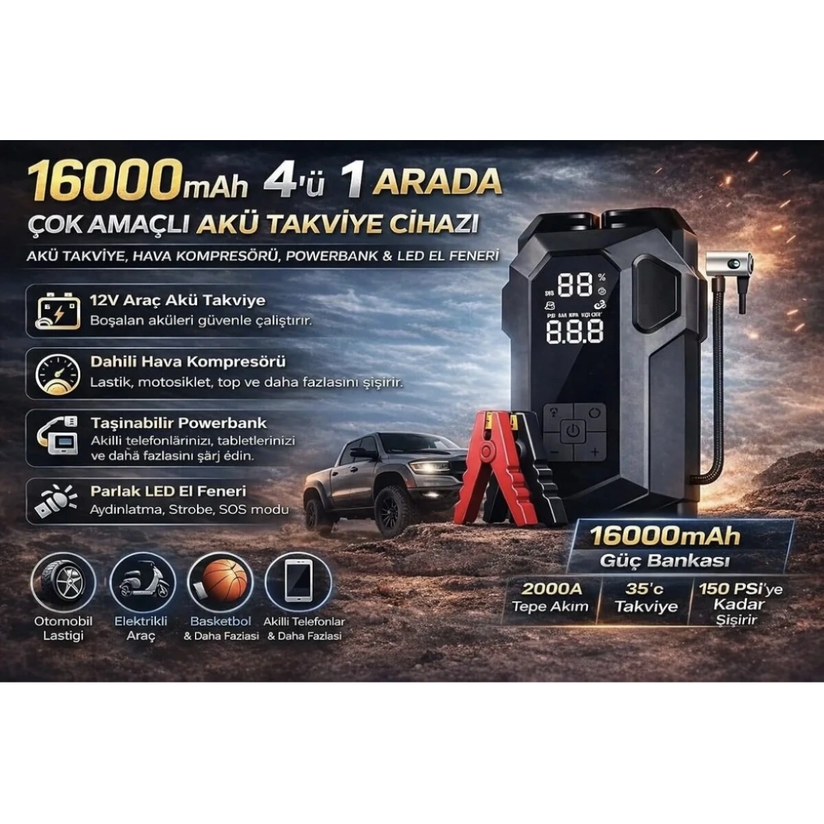 Şarjlı Akım Korumalı Araç Pompası Ve Akü Takviye Cs82 Plus Max