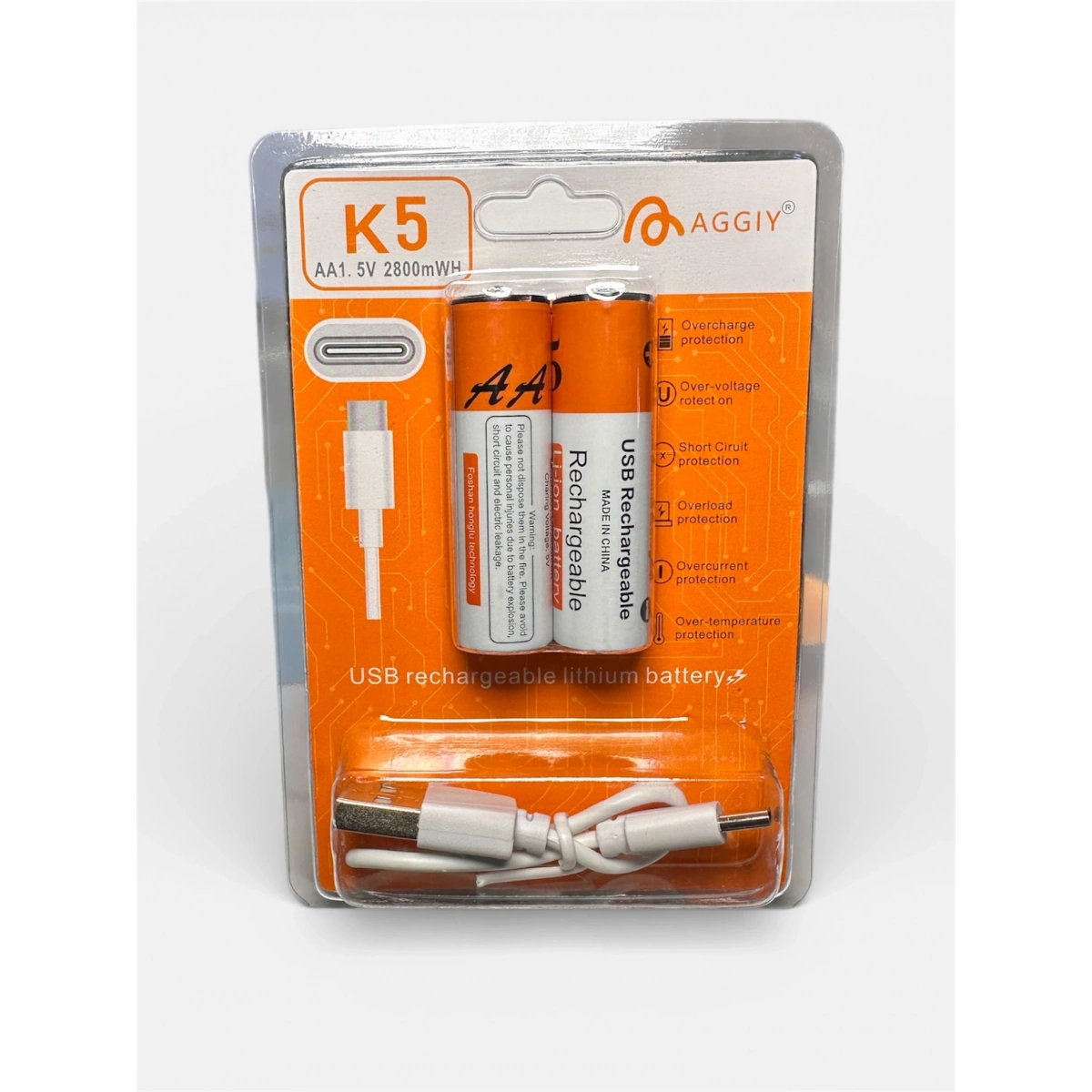 Aggiy K5 Type-C Şarj Edilebilir Büyük Kalem Pil AA 1.5V 2800mWh