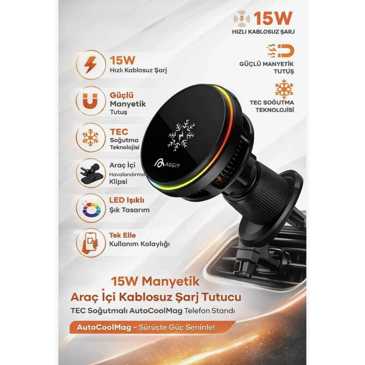 Aggiy Magsafe Soğutuculu Araç Telefon Tutucu AutoCoolMag