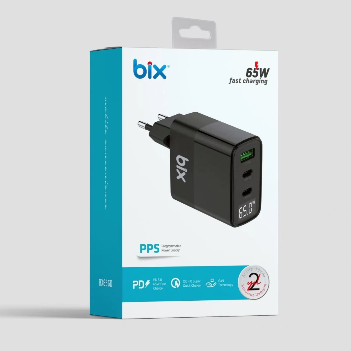 Bix 65W Siyah Pd + Qc 3.0 Usb Fast Type - C Ve Usb BX65GD Çıkış Araç Şarj Adaptörü
