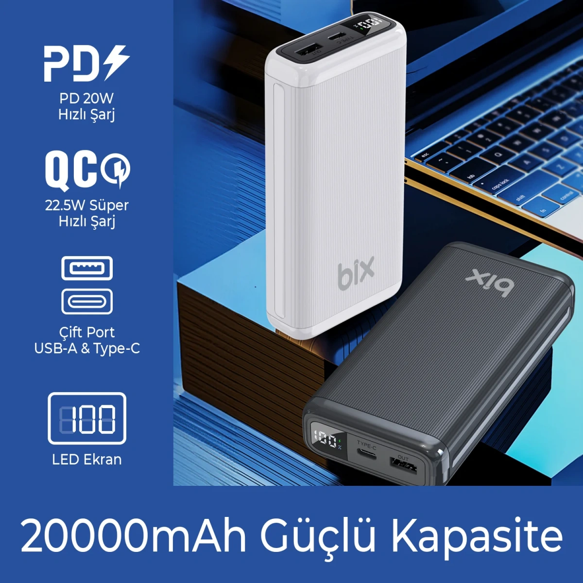 BİX BXPB204 20000 MAH 20W SİYAH POWERBANK