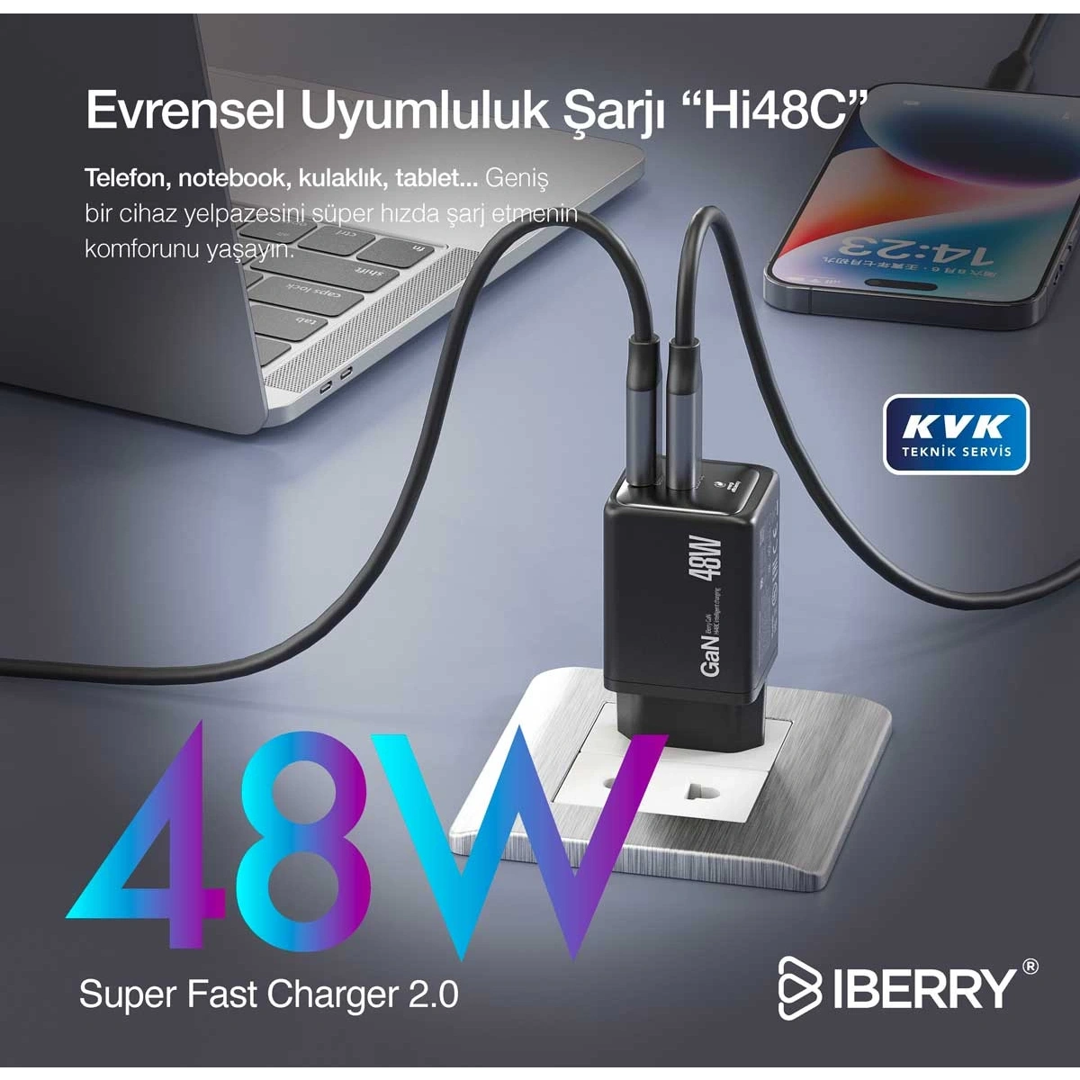 İberry 48W Gan Çift Çıkışlı Şarj Başlığı Hi48 Mini Siyah