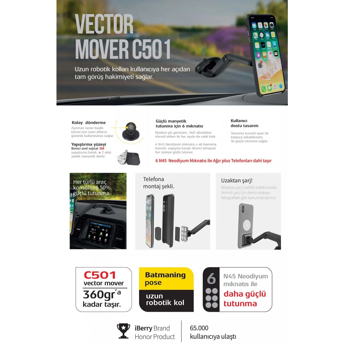 İBERRY C501 VECTOR MOVER VANTUZLU MIKNATISLI ARAÇ TUTUCU