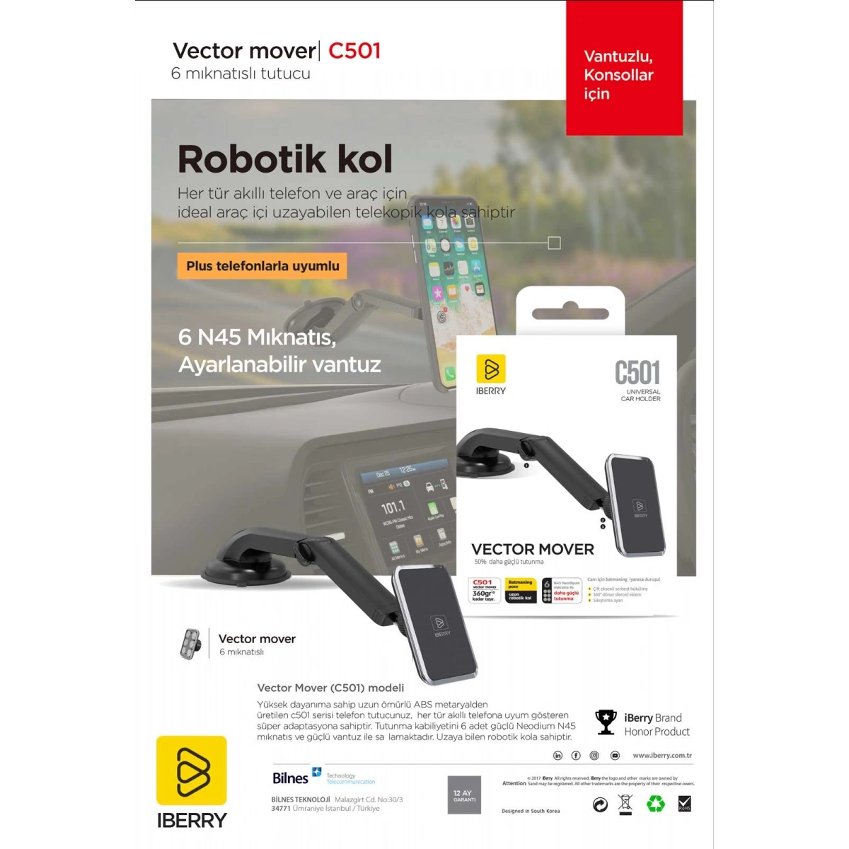 İBERRY C501 VECTOR MOVER VANTUZLU MIKNATISLI ARAÇ TUTUCU