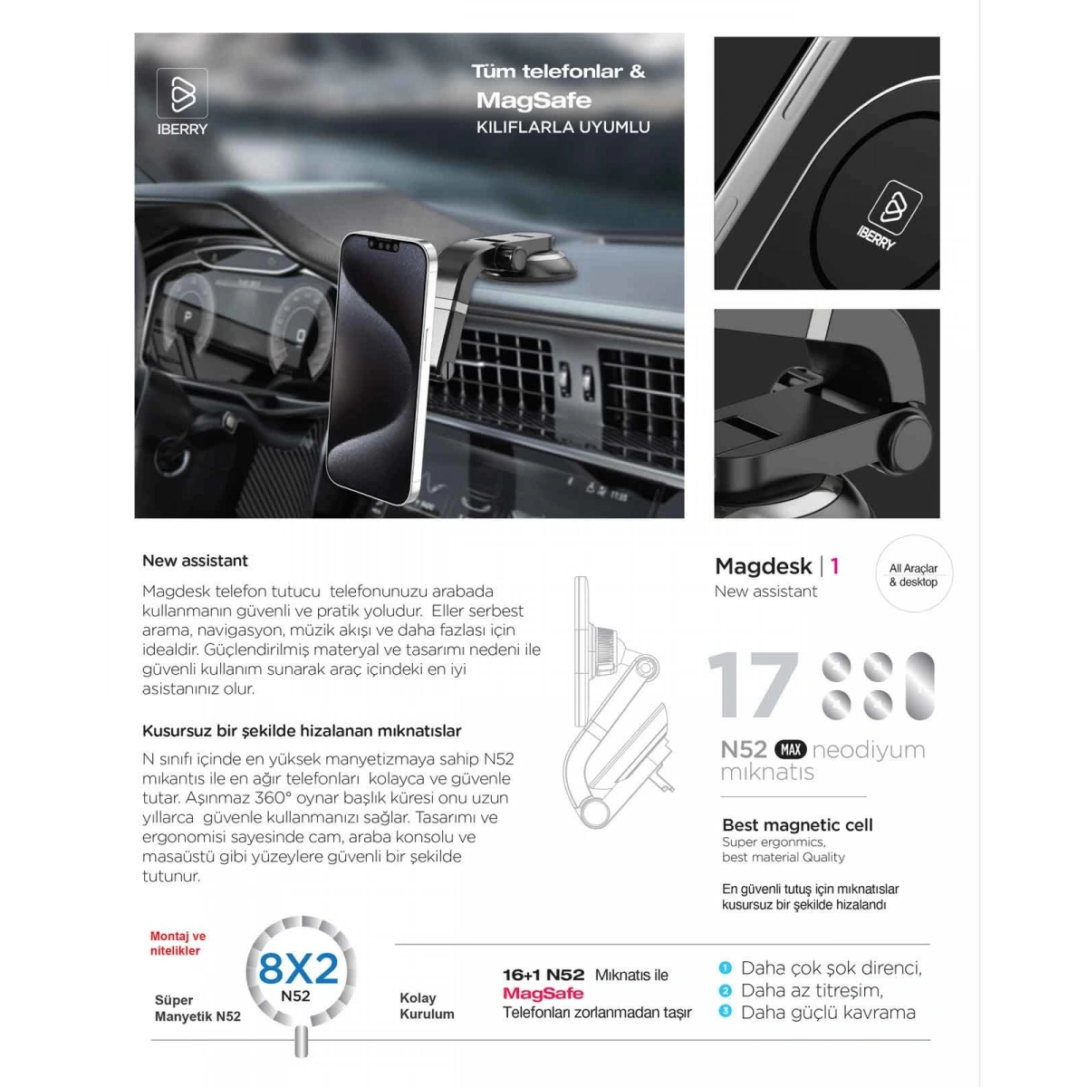 İBERRY MAGDESK VANTUZLU MAGSAFE ARAÇ TUTUCU
