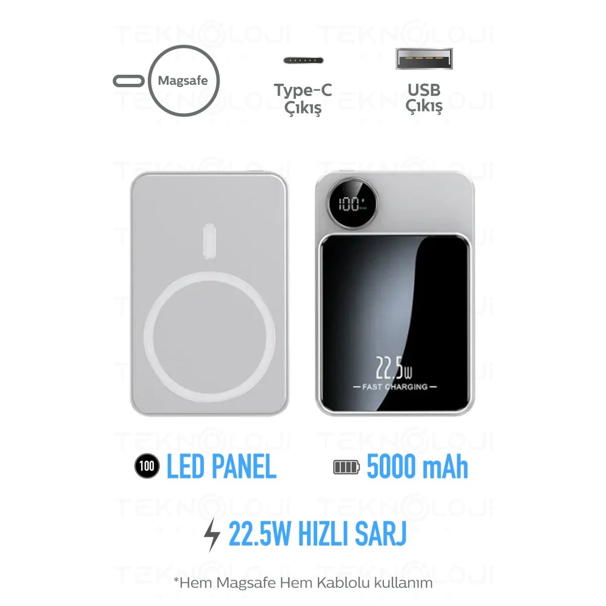 YK DESIGN 5000 MAH KABLOLU-22.5W MAGSAFE-15W POWERBANK YK-915 BEYAZ