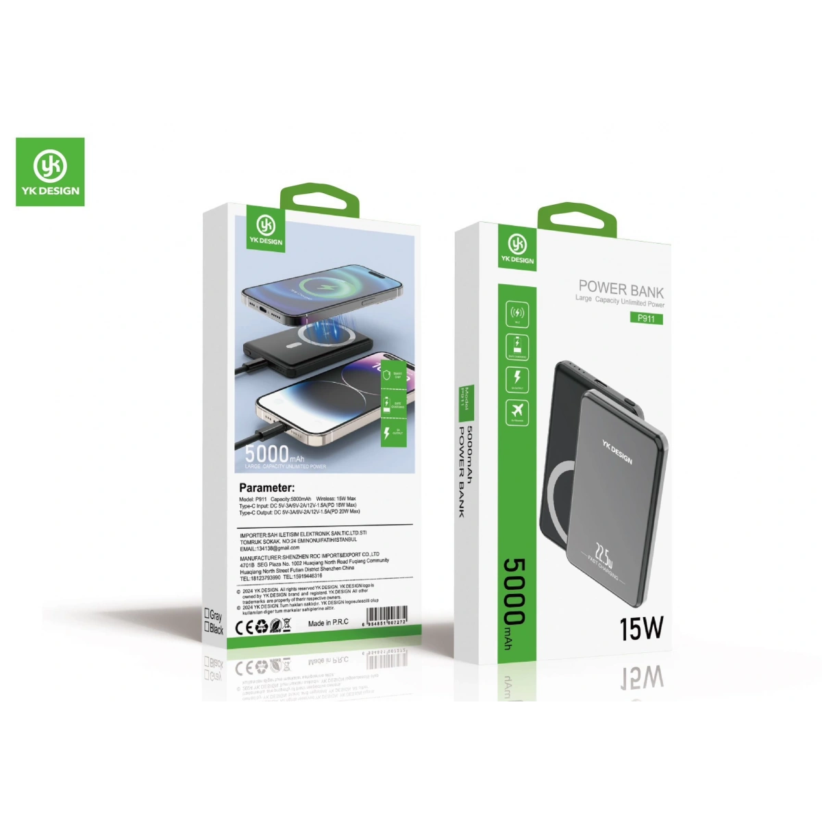 YK DESIGN 5000 MAH KABLOLU-22.5W ULTRA SLİM MAGSAFE-15W POWERBANK P911 GRİ