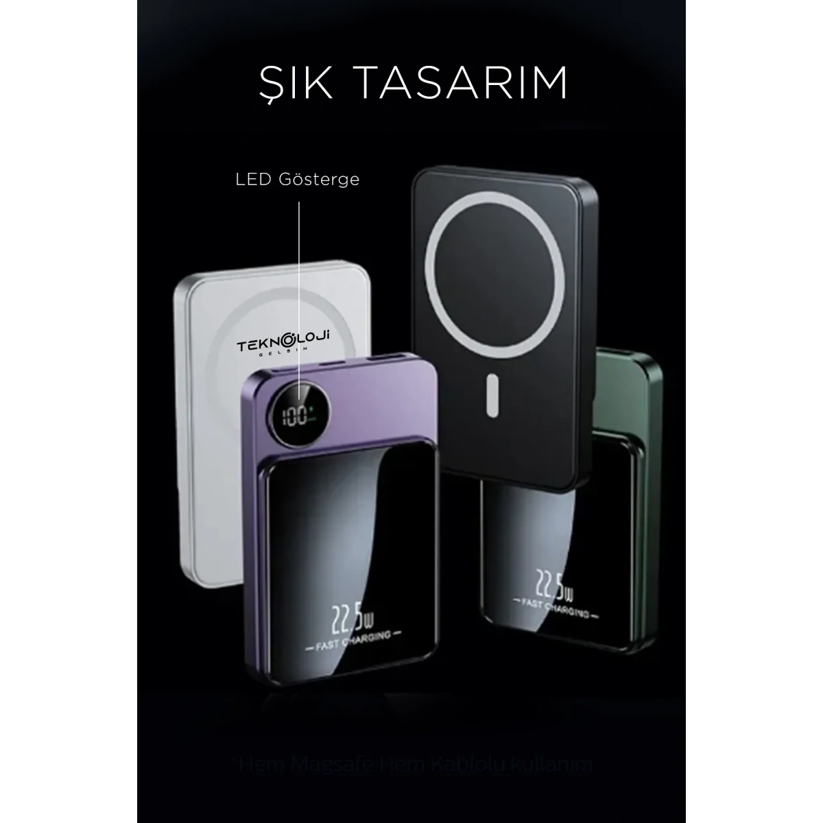 YK DESIGN 5000 MAH KABLOLU-22.5W MAGSAFE-15W POWERBANK YK-915 MOR