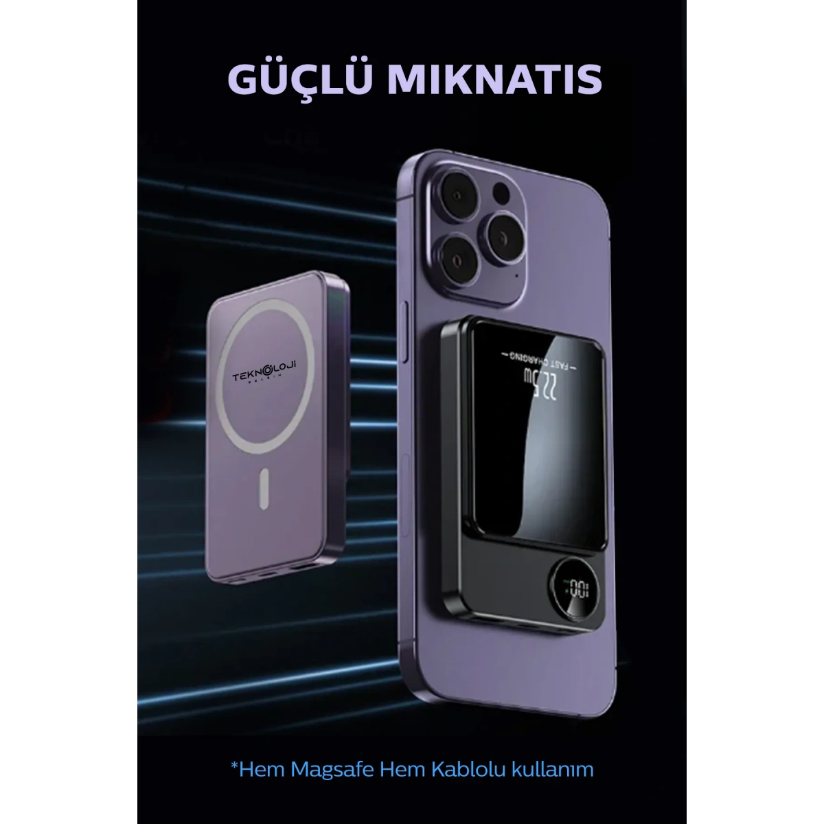 YK DESIGN 5000 MAH KABLOLU-22.5W MAGSAFE-15W POWERBANK YK-915 SİYAH