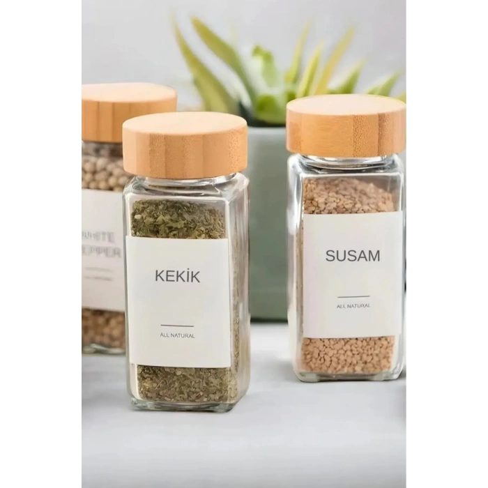 12li Bambu Baharatlık Seti Kapaklı Cam Etiket Hediyeli