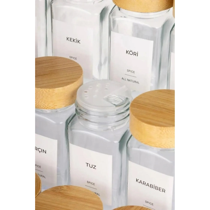 12li Bambu Baharatlık Seti Kapaklı Cam Etiket Hediyeli