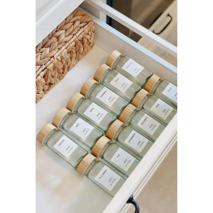 12li Bambu Baharatlık Seti Kapaklı Cam Etiket Hediyeli
