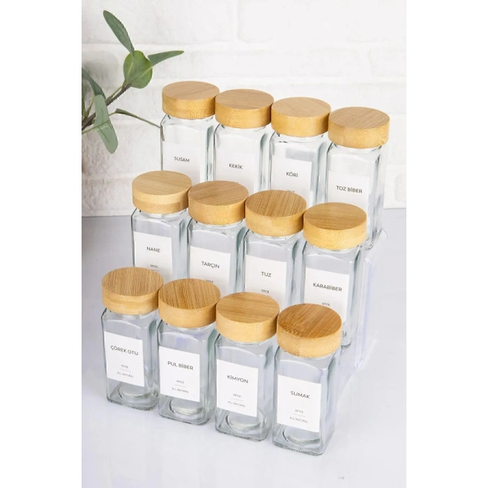 12li Bambu Baharatlık Seti Kapaklı Cam Etiket Hediyeli