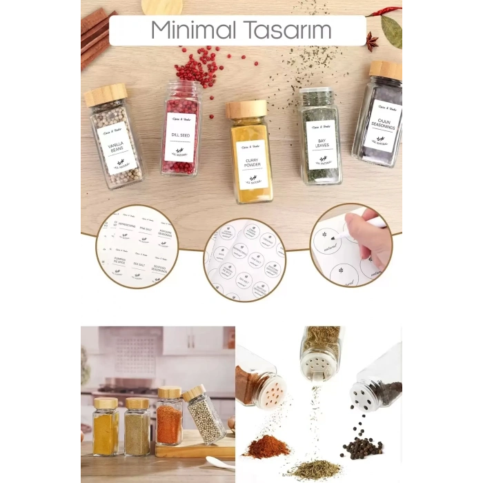 12’li Stantlı Etiketli Cam Kare Bambu Kapaklı Formlu Baharatlık Takımı Serpme Başlıklı Baharatlık Seti