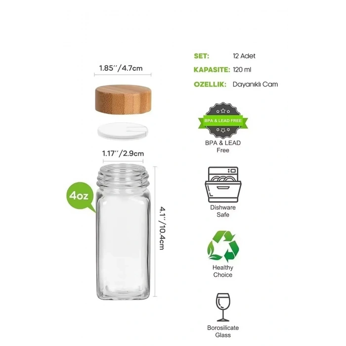 12’li Stantlı Etiketli Cam Kare Bambu Kapaklı Formlu Baharatlık Takımı Serpme Başlıklı Baharatlık Seti