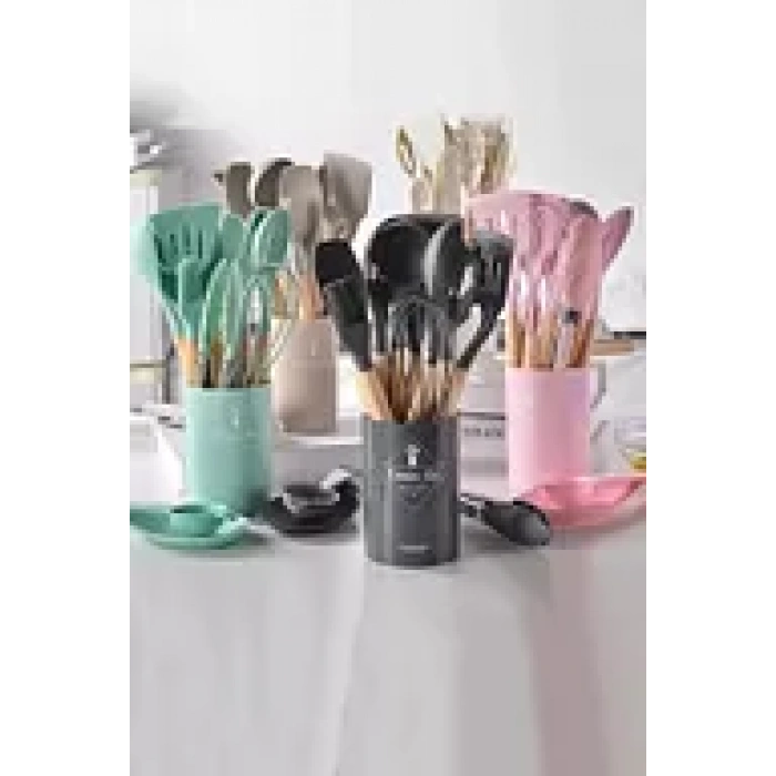 18 Parça Silikon Fırça Çırpıcı Spatula Maşa Kepçe Kevgir Kaşık  Servis Seti Bambu Saplı Mutfak Takımı