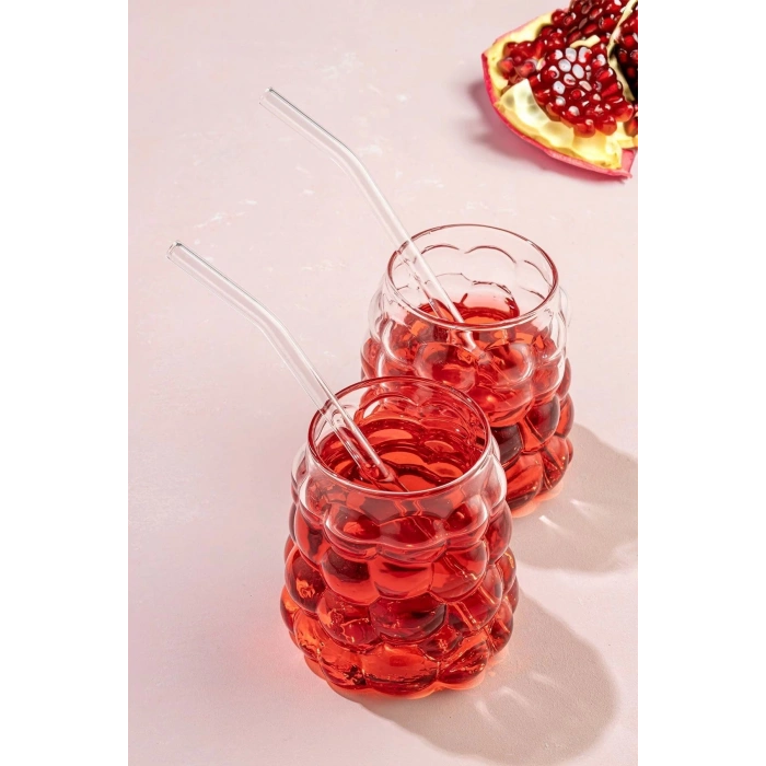 2Adet Boncuklu Pipetli Cam Bardak Üzüm Tanesi Şeklinde 350 ml. Meşrubat Su Kahve
