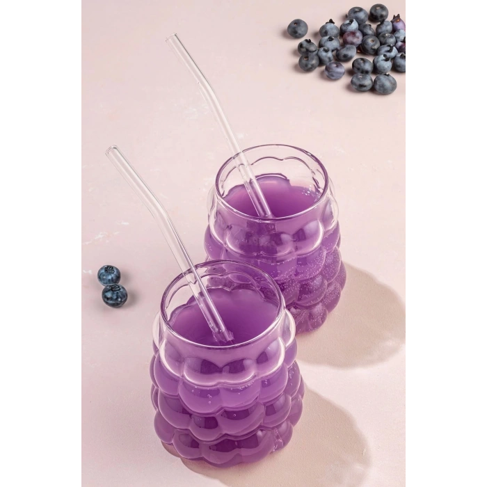2Adet Boncuklu Pipetli Cam Bardak Üzüm Tanesi Şeklinde 350 ml. Meşrubat Su Kahve