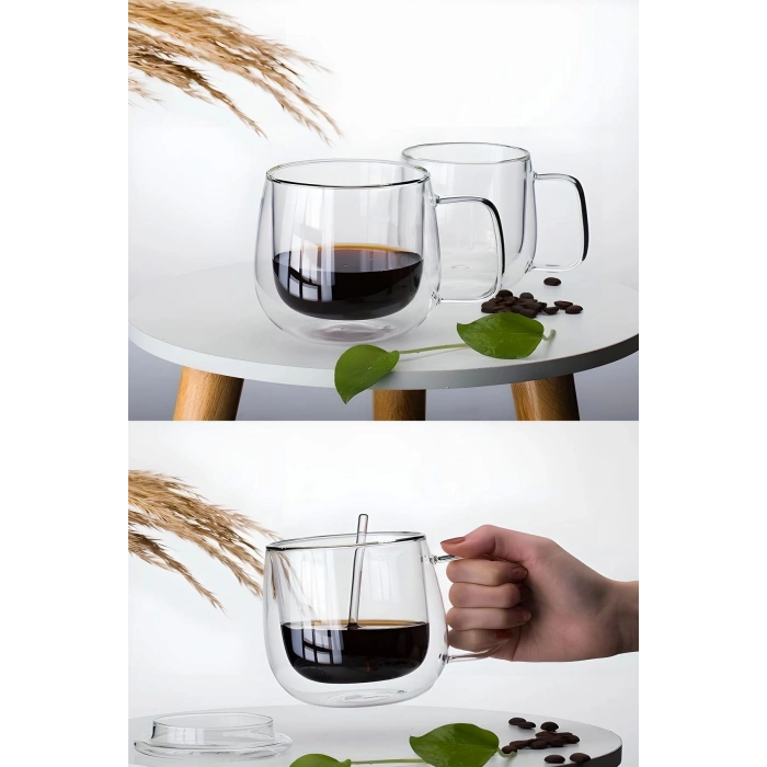2li Çift Cidarlı Cam Kupa Bardak 450 ml Fincanı Çift Katlı Ev Ofis