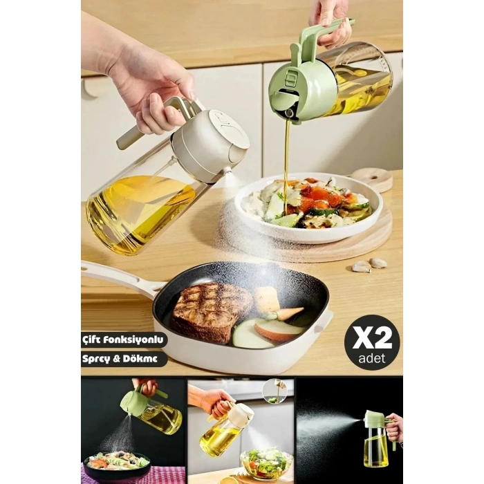 2li Çift Fonksiyonlu Cam Yağdanlık  Zeytinyağı Sıvıyağ Şişesi Airfryer Sprey Yağlık Sirkelik beyaz+yeşil