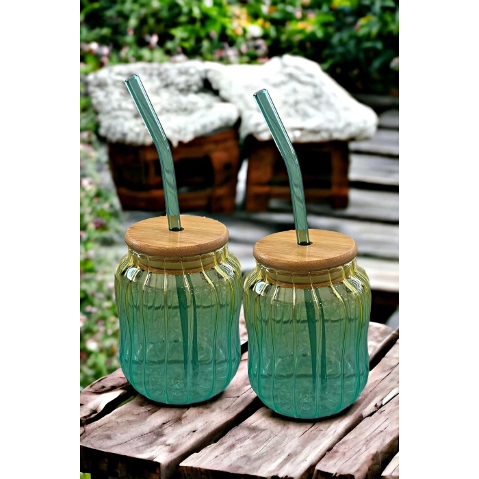 2li Emerald Bambu Kapaklı Pipetli Cam Bardak Isıya Dayanıklı New Still